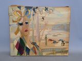 un tableau représentant une femme portant des lunettes de soleil sur une plage