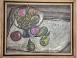 une peinture représentant une coupe de fruits sur une table
