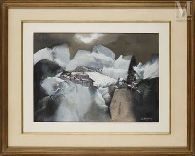 une image représentant un tableau représentant un paysage de montagne avec une maison au loin
