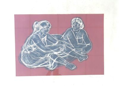 tableau représentant deux femmes assises sur une surface rose
