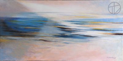 une peinture à l'huile représentant une scène de plage avec une planche de surf au premier plan