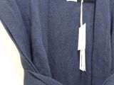 navy blue sweater dress with tie around the waist and a white tag on a hanger