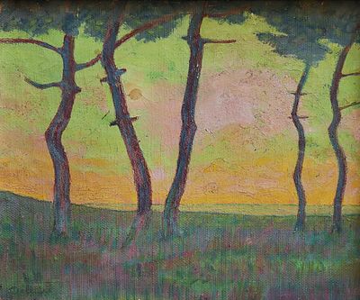 tableau représentant trois arbres dans un champ, avec un coucher de soleil en arrière-plan