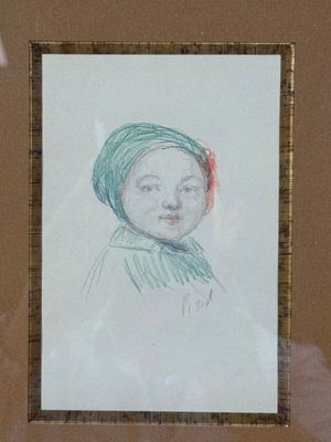 framed drawing of a woman with a turban on her head