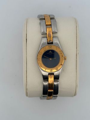 an image of a gold and silver wrist watch with a blue face