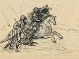 une image représentant un dessin d'un homme à cheval, muni d'une épée