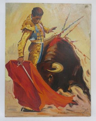 peinture d'un taureau et d'un matamoo avec une cape rouge