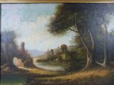 peinture représentant un paysage avec un château et une rivière au premier plan