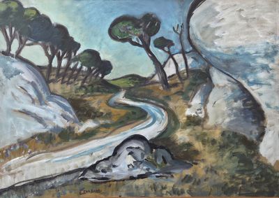 un tableau représentant une route traversant les montagnes