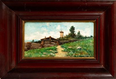 an oil painting of a farm scene with a small house in the foreground