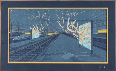 a picture of a painting of a train on the tracks