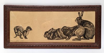 painting of a rabbit and a dog in a wood frame on a wall