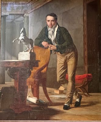 a painting of a man leaning on a chair