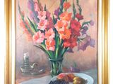a painting of a vase of flowers and fruit on a table