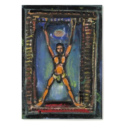an oil painting of a man standing in front of a window