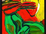 a painting of a man in a red hat and green pants