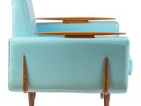 an image of a blue chair with a wooden arm rest