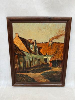 une peinture à l'huile représentant une rue de village avec un parapluie rouge