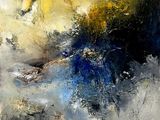une peinture abstraite représentant un vase bleu rempli de fleurs posé sur une table