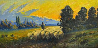 a painting of a man herding a flock of sheep