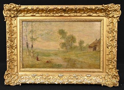 une image représentant un tableau illustrant une scène de vie à la ferme, dans un cadre doré sur fond noir