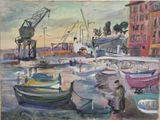 une peinture représentant une scène portuaire avec des bateaux dans l'eau