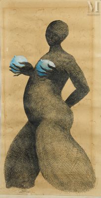 painting of a woman holding a blue object in her right hand