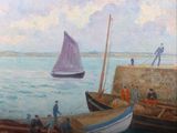 une peinture représentant un groupe de personnes sur un quai