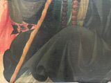 painting of a man with a cane and a hat sitting on a bench