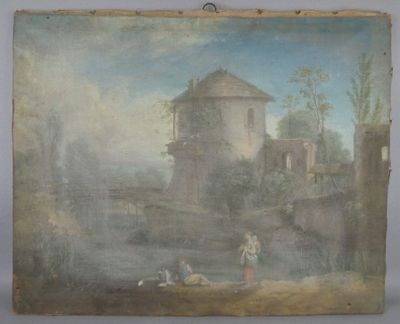 un vieux tableau représentant un homme et une femme dans une rivière