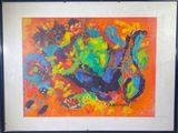 tableau encadré et monté sur passe-partout représentant une peinture abstraite colorée représentant une guitare
