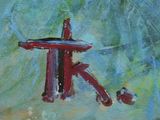 an oil painting of a red object on a blue background