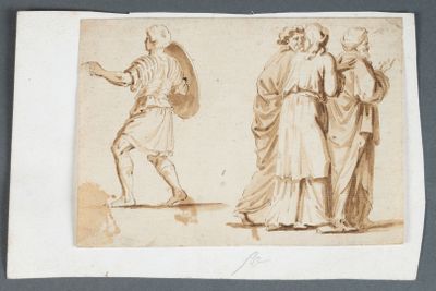 trois études de personnages dans un paysage, dont l'un tient un bouclier et l'autre tient un bouclier