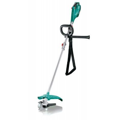 a green and black corded string trimmer on a white background