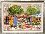 une peinture à l'huile représentant une foule de personnes se promenant dans un marché