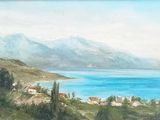 an oil painting of a view of a bay and a mountain range