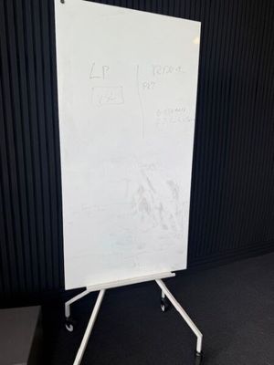 un tableau blanc sur lequel sont écrites des notes, devant un mur noir