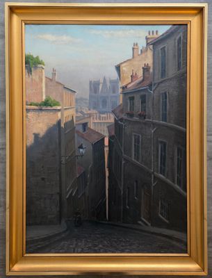 une peinture à l'huile d'une scène de rue avec des bâtiments et une tour d'horloge