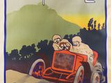 an old poster of a man driving a car on a country road