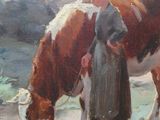 un tableau représentant une femme debout à côté d'une vache