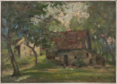 une peinture à l'huile représentant une maison dans un champ avec des arbres en arrière-plan