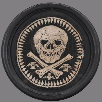 a picture of a skull and crossbones on a black plate