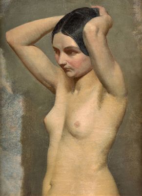 une image représentant un tableau d'une femme nue avec une serviette sur la tête