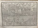 an old book with a drawing of a man on a stage