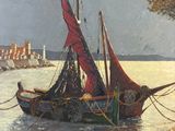 a painting of a boat in the water near a shore