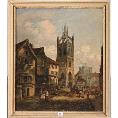 peinture d'une scène de rue avec une église à l'arrière-plan