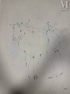dessin représentant une vache et un homme sur une feuille de papier