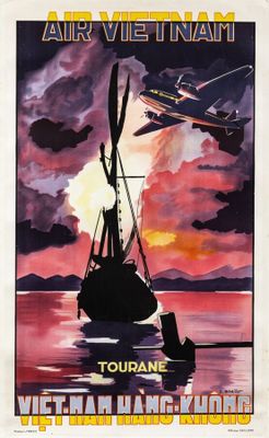 an old poster of an airplane flying over a boat in the water