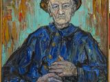 an oil painting of an old man with a hat and cane