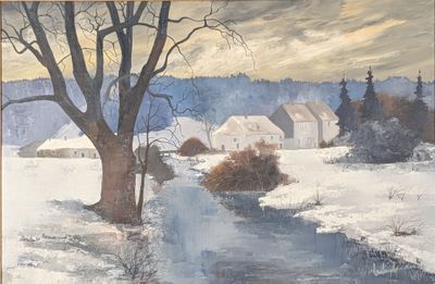 painting of a winter scene with a stream running through a snow covered field